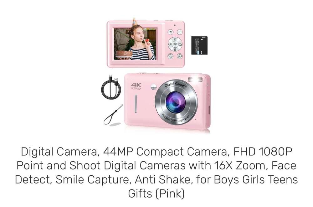 Gtonster 44MP Compact Digital Camera Pink, FHD 1080P Point & Shoot w/16X Zoom